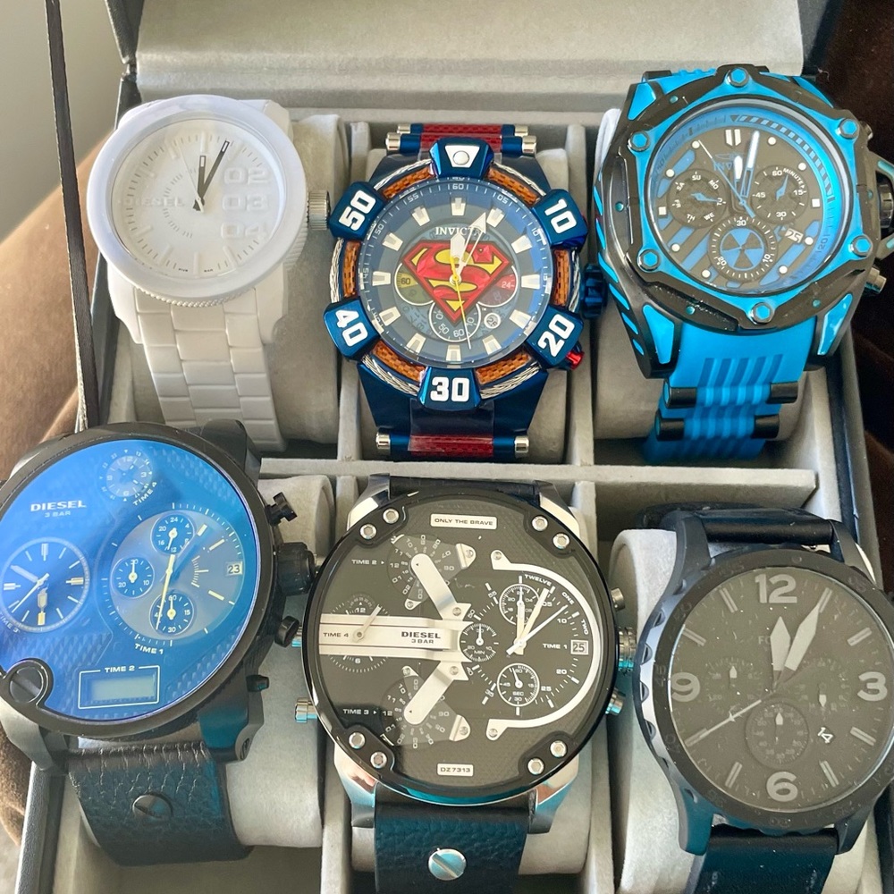 New watches! Lot of 6. Invicta, Fossil, Diesel with case!